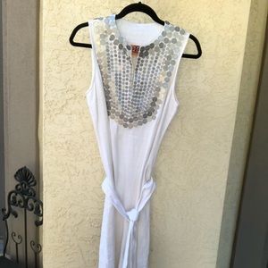 TORY BURCH - linen dress w hooks, platinum sequins on neck & detachable belt
